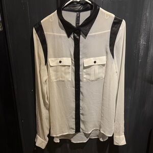 Poof Couture Black and White Sheer Blouse Button Down Contrasting Trim Junior L